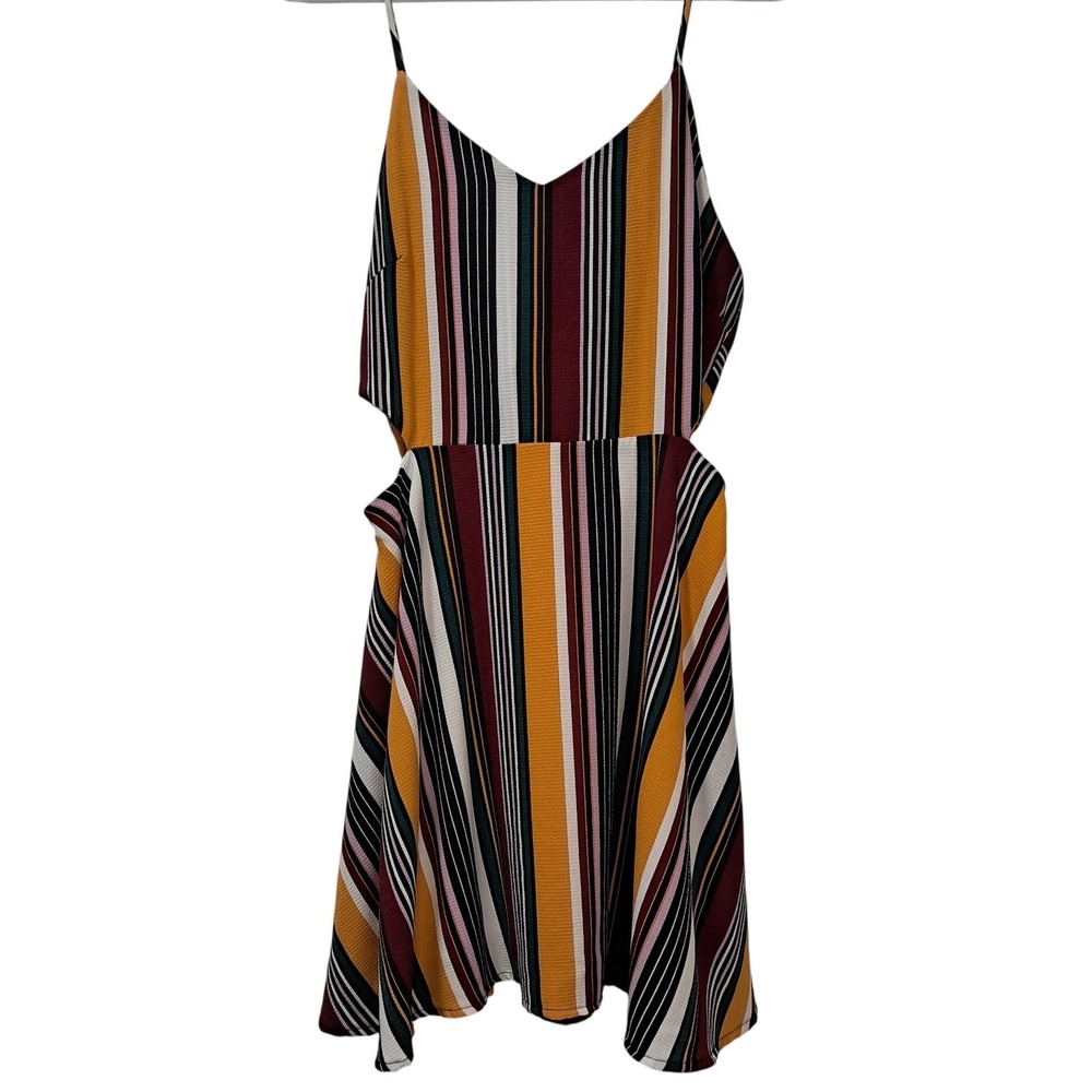 Abbeline Womens Striped Cut-Out Tie-Back Mini Dress Yellow Burgundy Green Size M